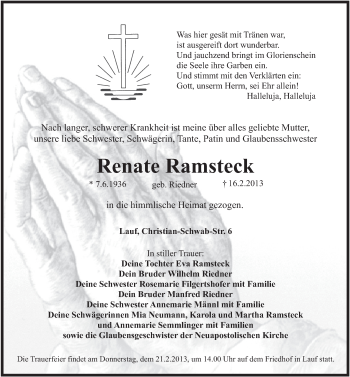 Traueranzeige von Renate Ramsteck von Pegnitz-Zeitung
